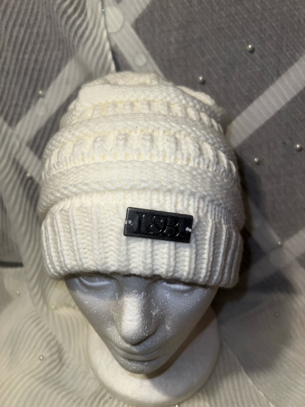 Kids White Knit Beanie with Logo Patch